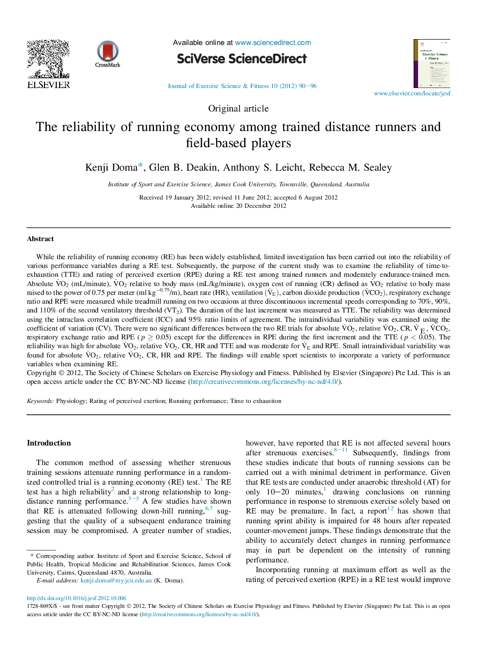 The reliability of running economy among trained distance runners and field-based players