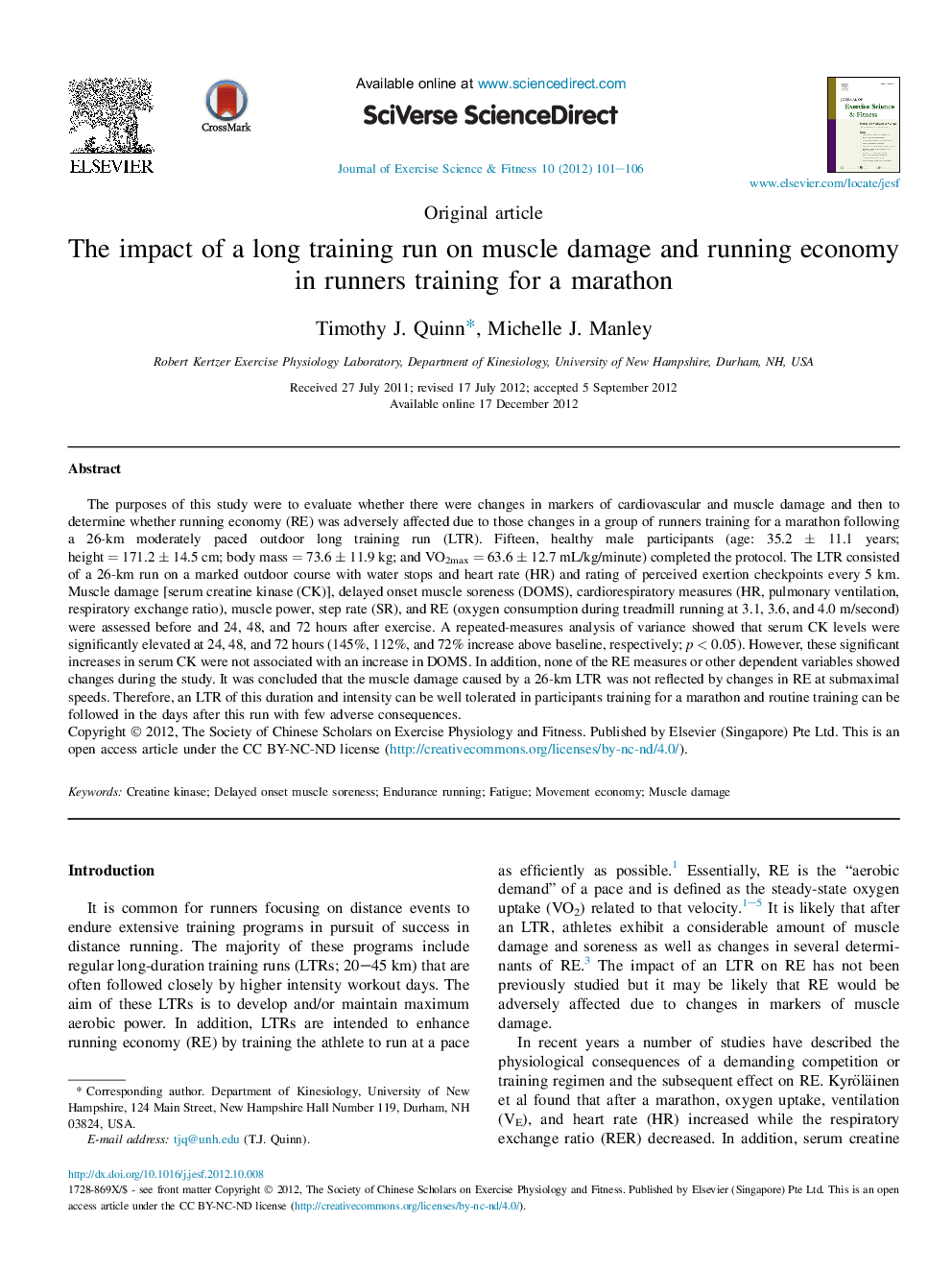 The impact of a long training run on muscle damage and running economy in runners training for a marathon