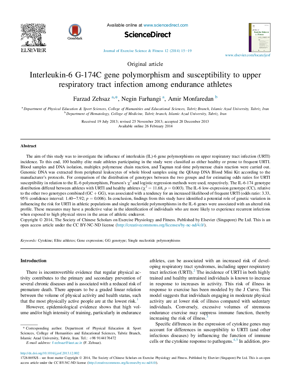 Interleukin-6 G-174C gene polymorphism and susceptibility to upper respiratory tract infection among endurance athletes