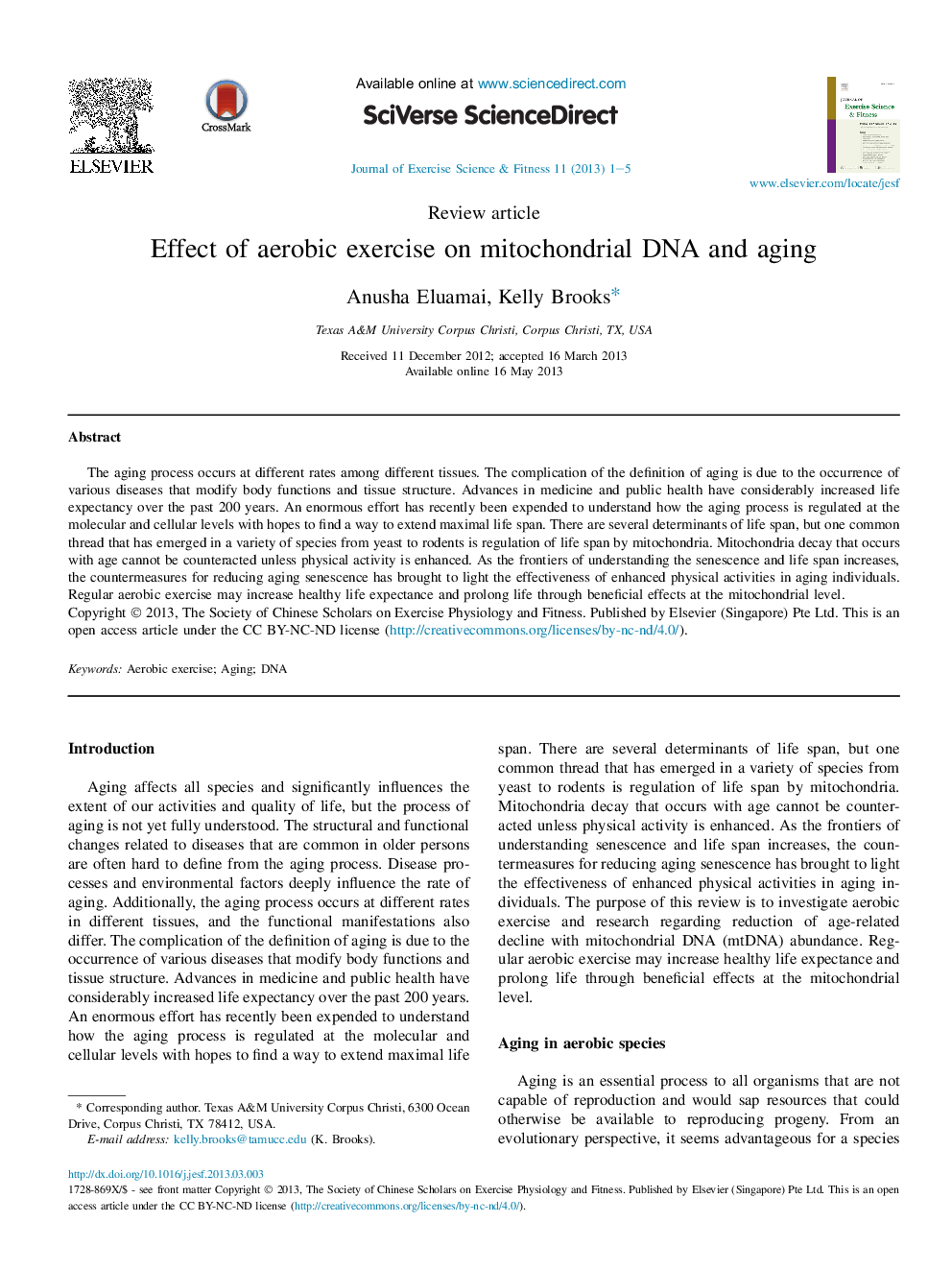 Effect of aerobic exercise on mitochondrial DNA and aging