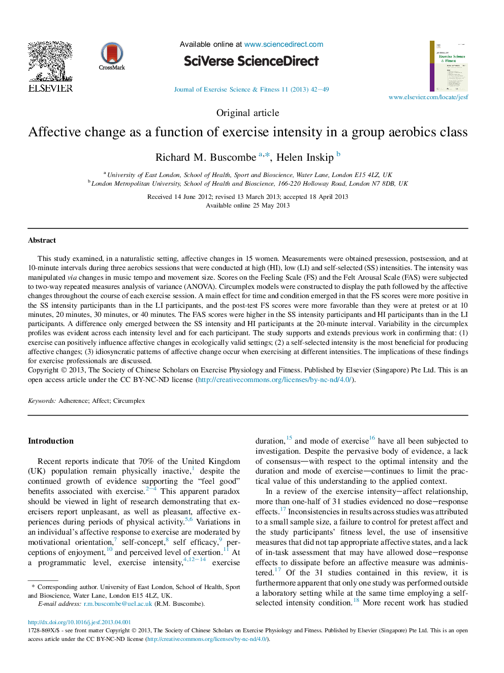 Affective change as a function of exercise intensity in a group aerobics class