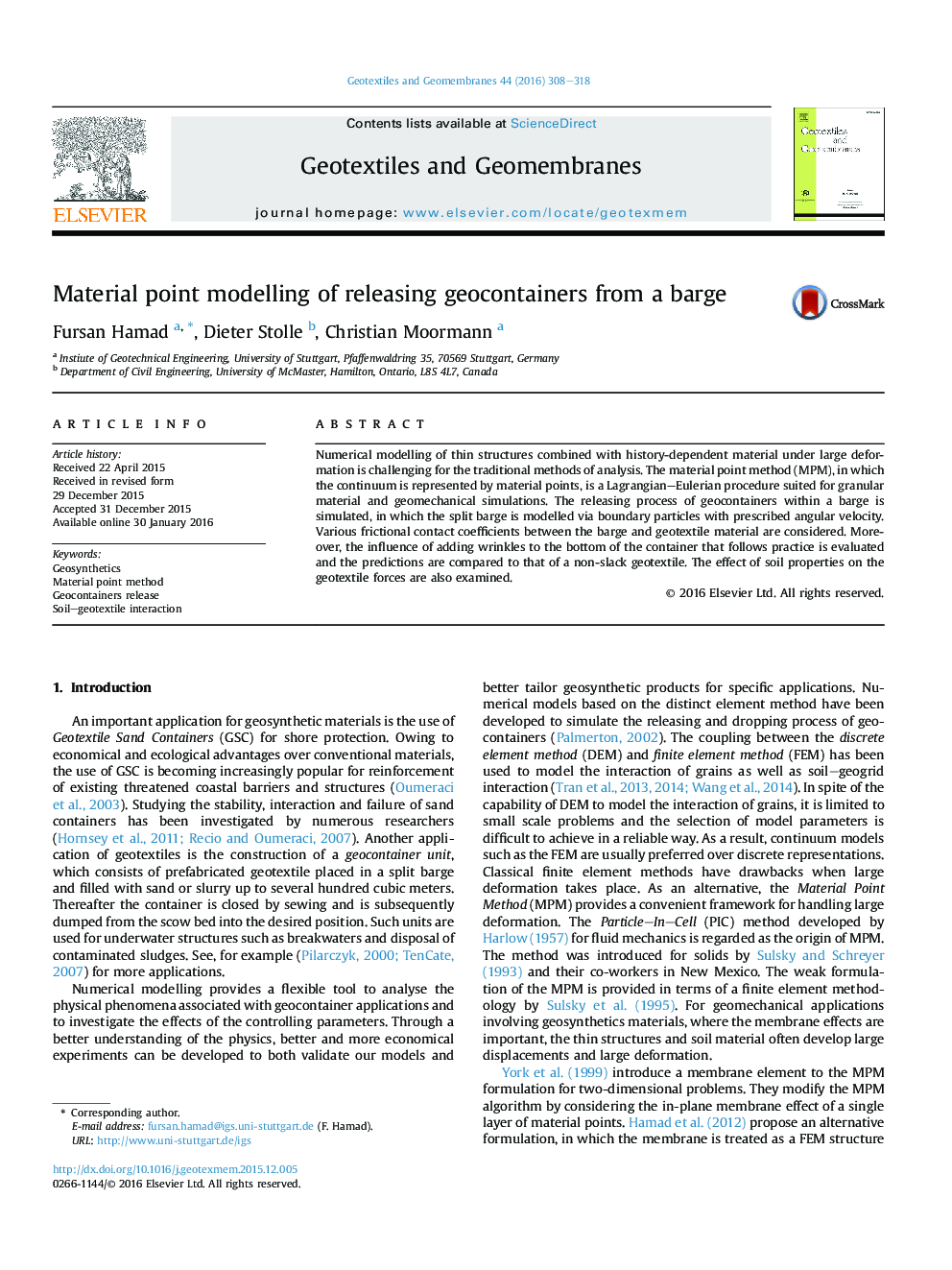 Material point modelling of releasing geocontainers from a barge