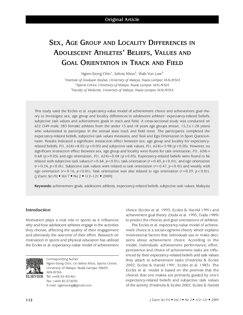 Sex, Age Group and Locality Differences in Adolescent Athletes' Beliefs, Values and Goal Orientation in Track and Field