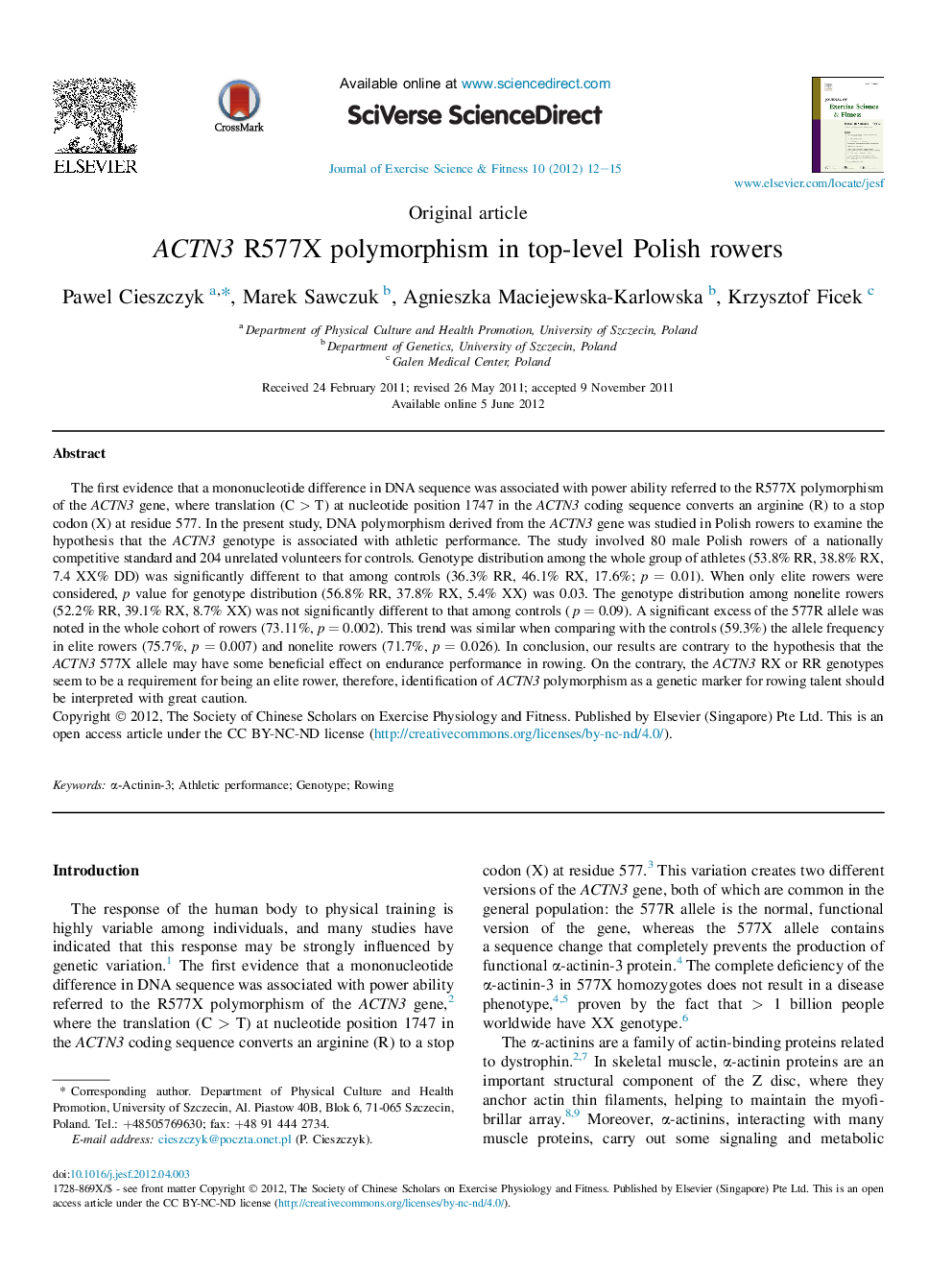 ACTN3 R577X polymorphism in top-level Polish rowers