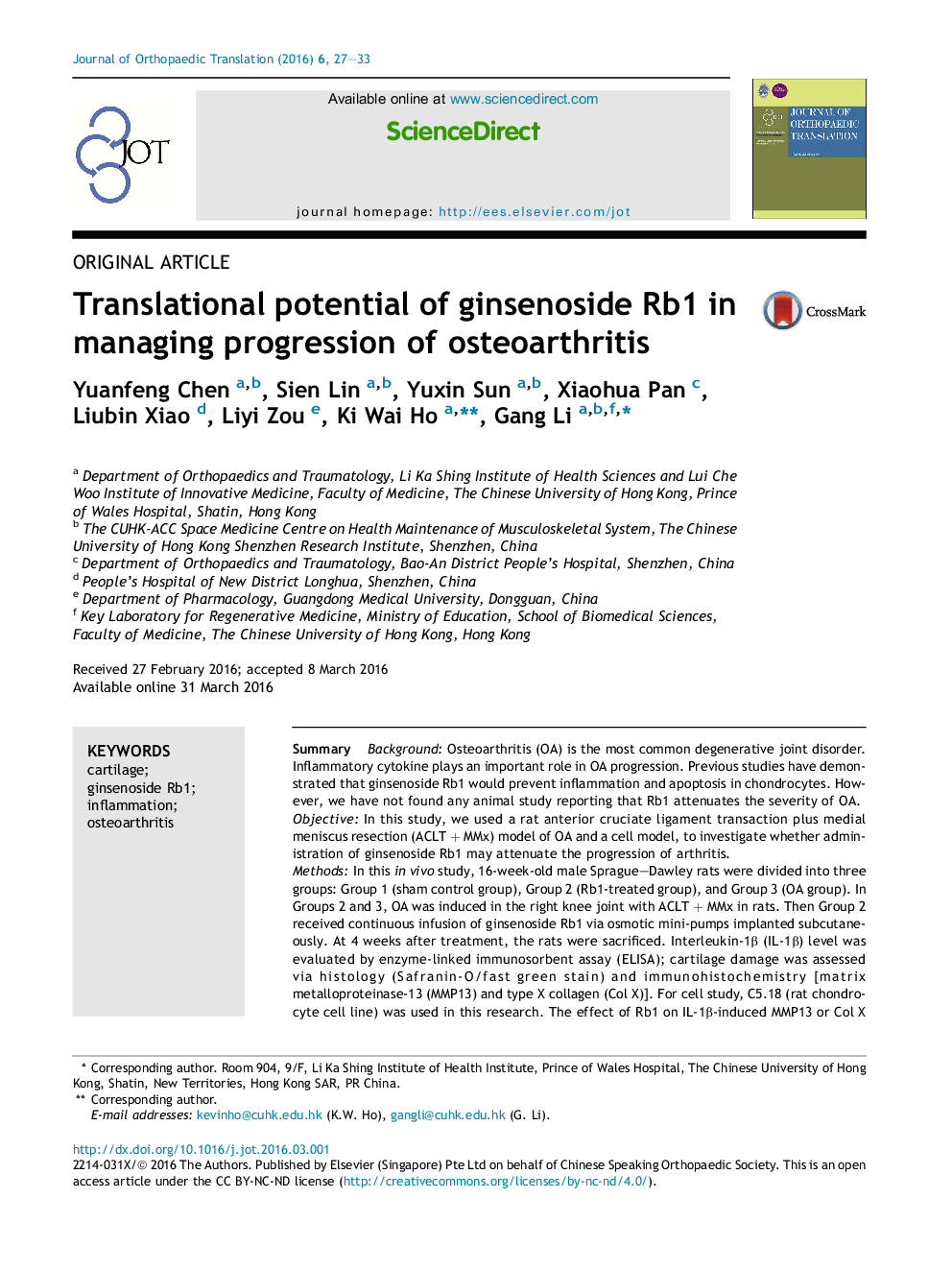 Translational potential of ginsenoside Rb1 in managing progression of osteoarthritis