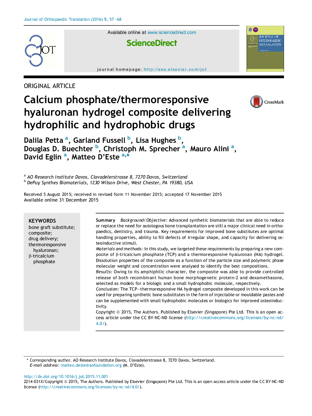 Calcium phosphate/thermoresponsive hyaluronan hydrogel composite delivering hydrophilic and hydrophobic drugs