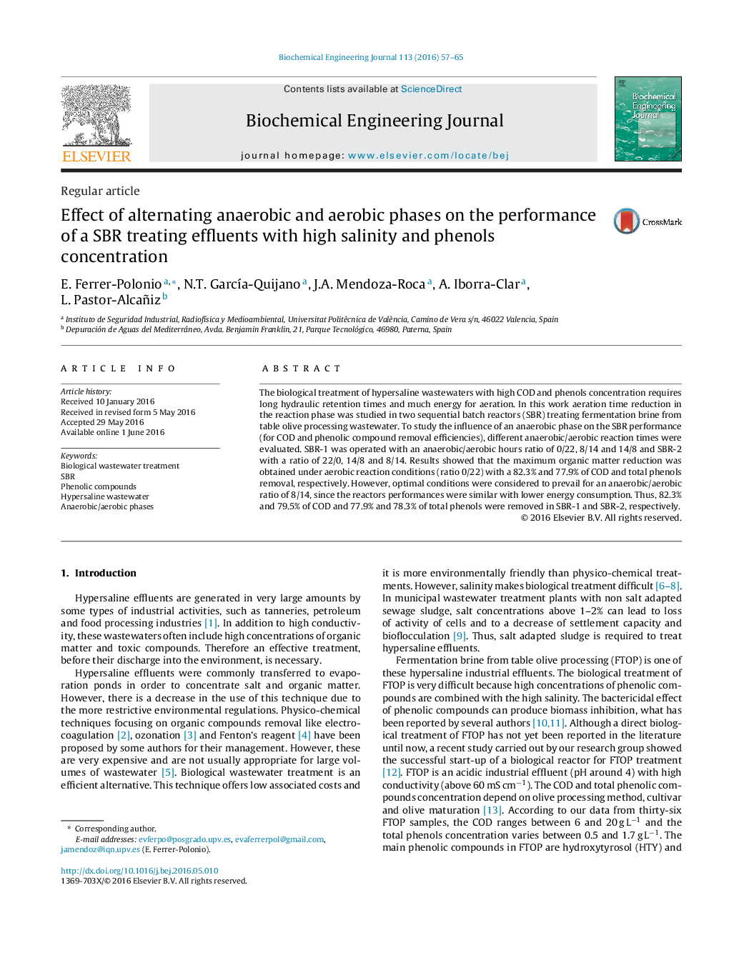 Effect of alternating anaerobic and aerobic phases on the performance of a SBR treating effluents with high salinity and phenols concentration