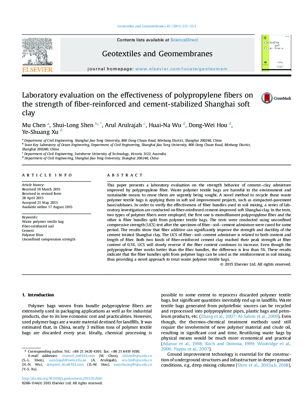 Laboratory evaluation on the effectiveness of polypropylene fibers on the strength of fiber-reinforced and cement-stabilized Shanghai soft clay