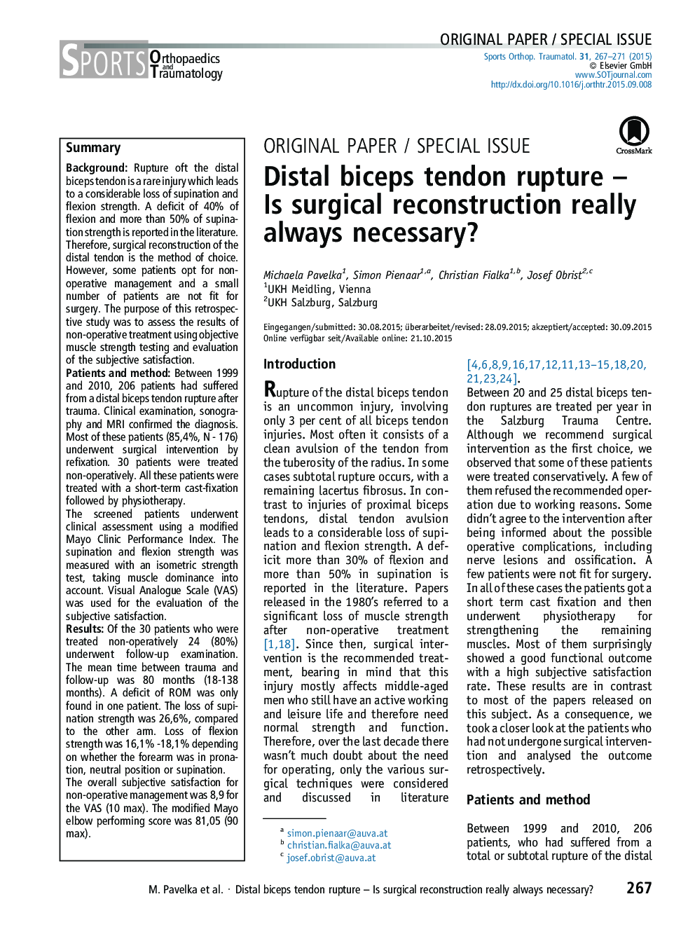 Distal biceps tendon rupture – Is surgical reconstruction really always necessary?