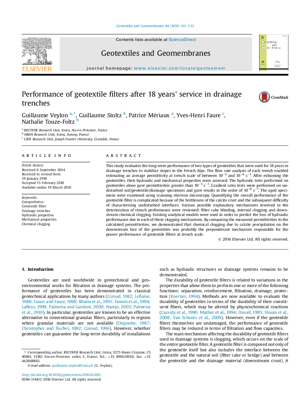 Performance of geotextile filters after 18 years' service in drainage trenches