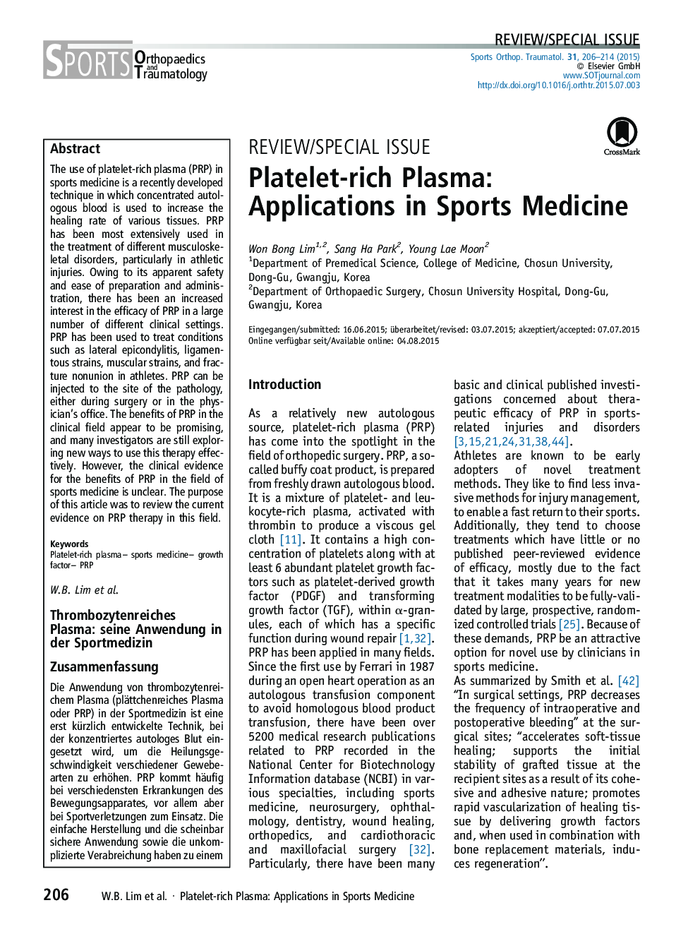 Platelet-rich Plasma: Applications in Sports Medicine