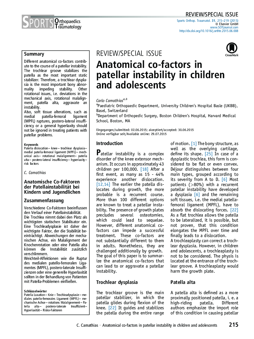 Anatomical co-factors in patellar instability in children and adolescents