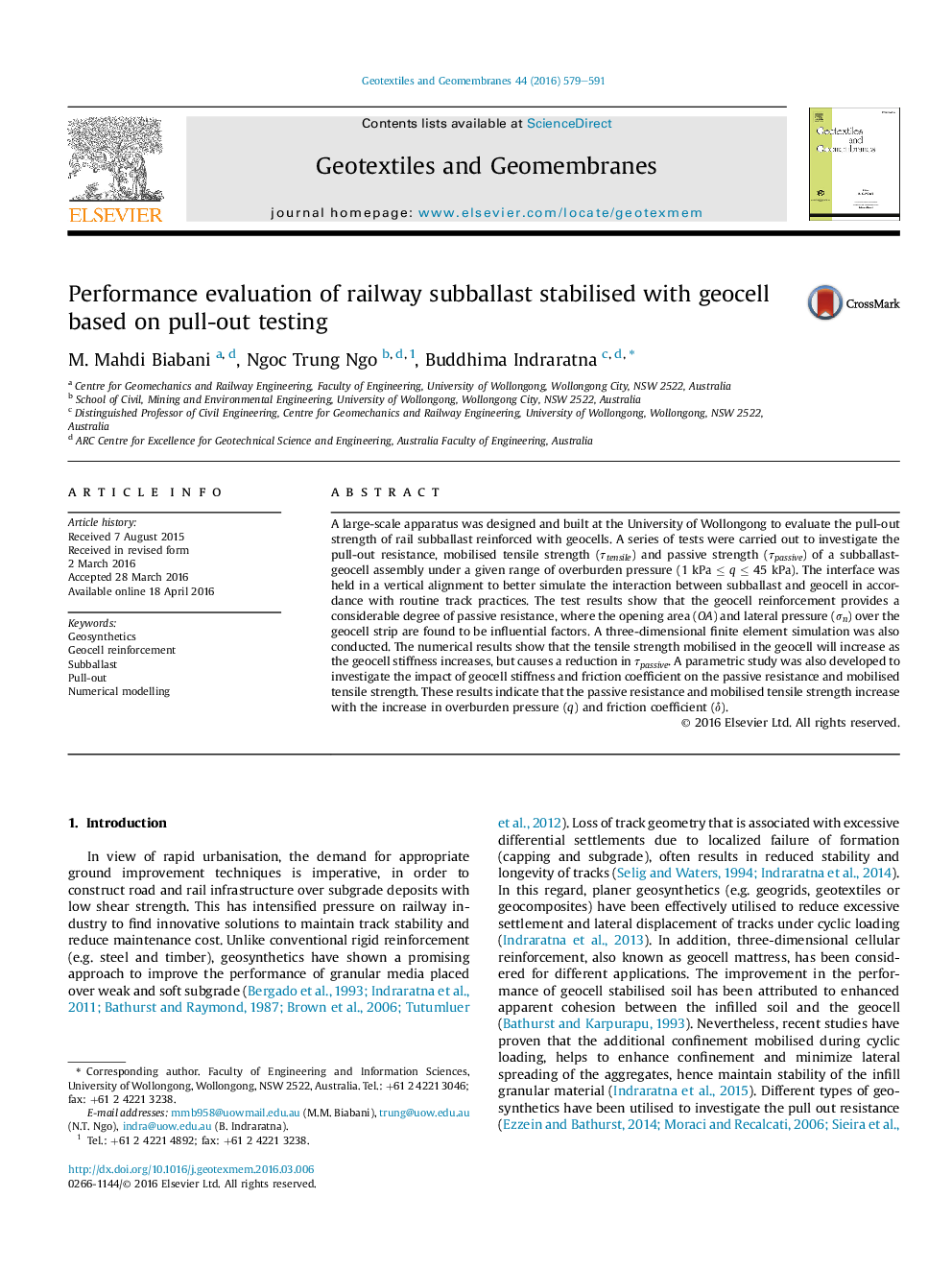 Performance evaluation of railway subballast stabilised with geocell based on pull-out testing