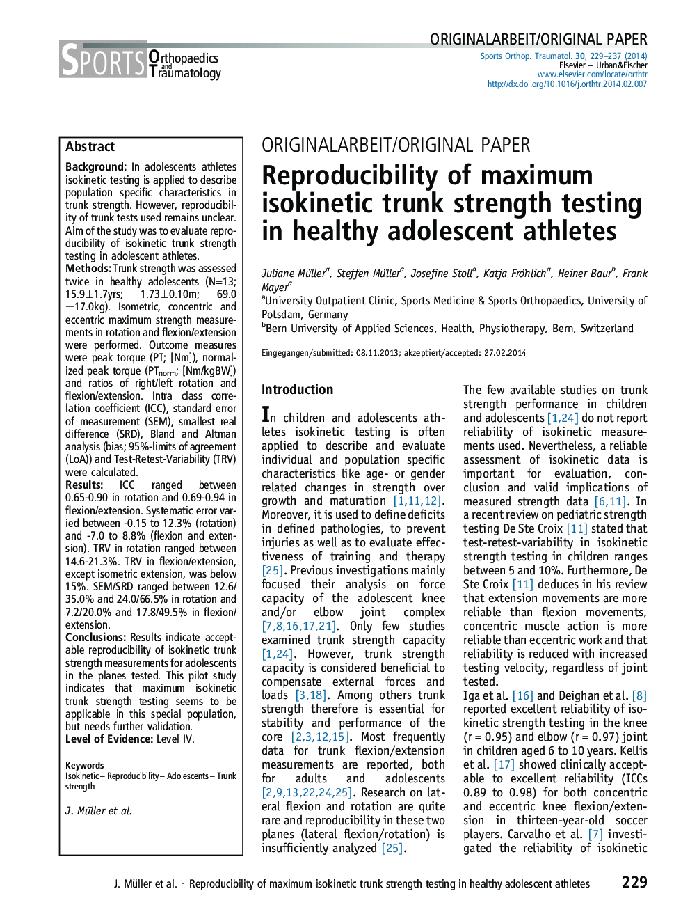 Reproducibility of maximum isokinetic trunk strength testing in healthy adolescent athletes