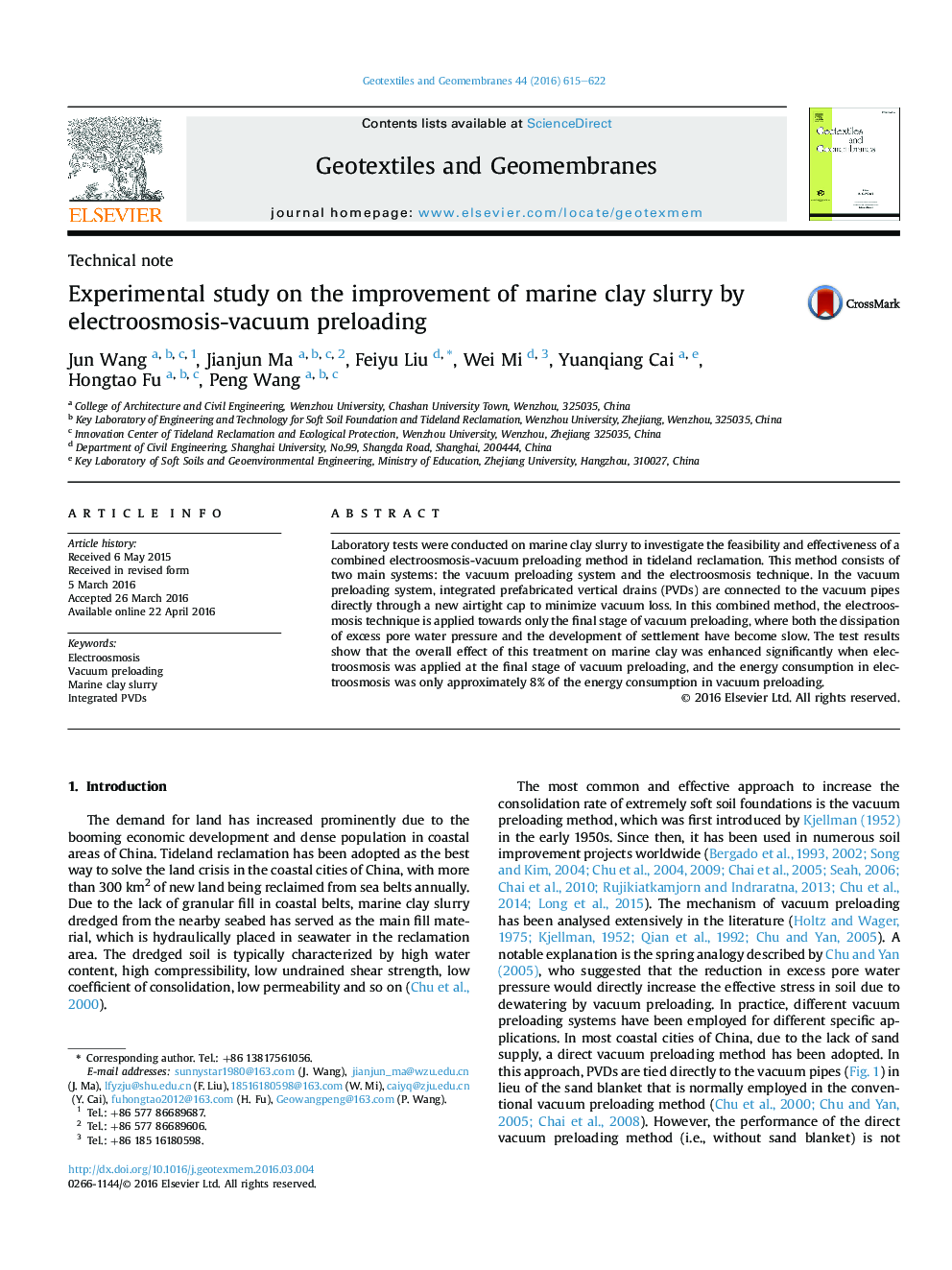 Experimental study on the improvement of marine clay slurry by electroosmosis-vacuum preloading