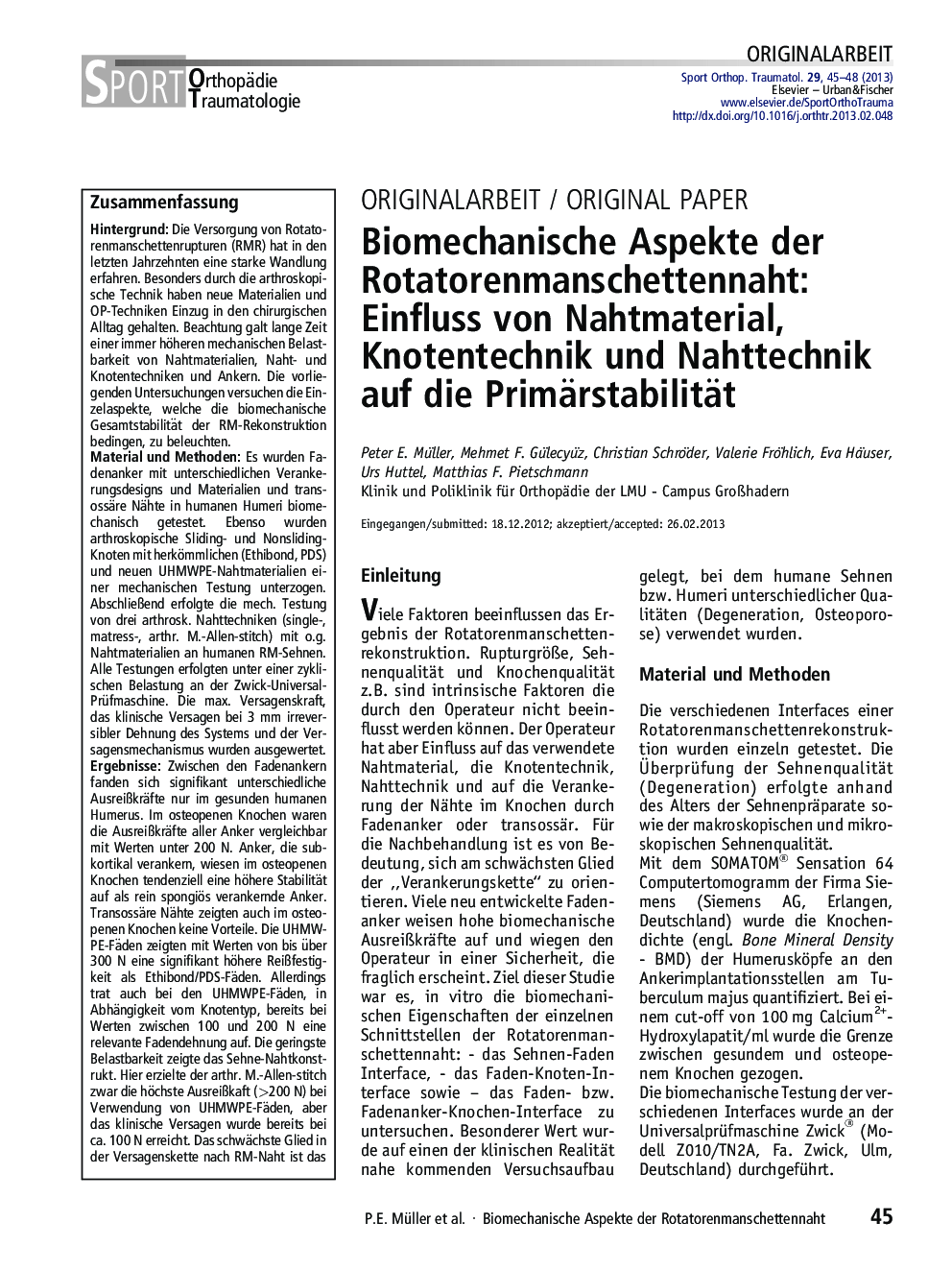 Biomechanische Aspekte der Rotatorenmanschettennaht: Einfluss von Nahtmaterial, Knotentechnik und Nahttechnik auf die Primärstabilität