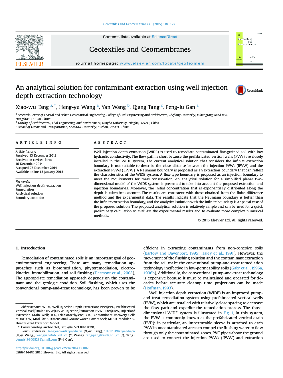 An analytical solution for contaminant extraction using well injection depth extraction technology