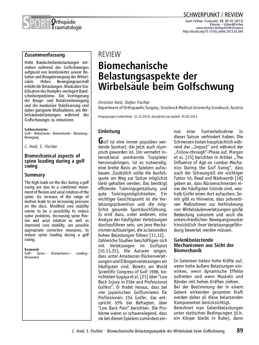 Biomechanische Belastungsaspekte der Wirbelsäule beim Golfschwung