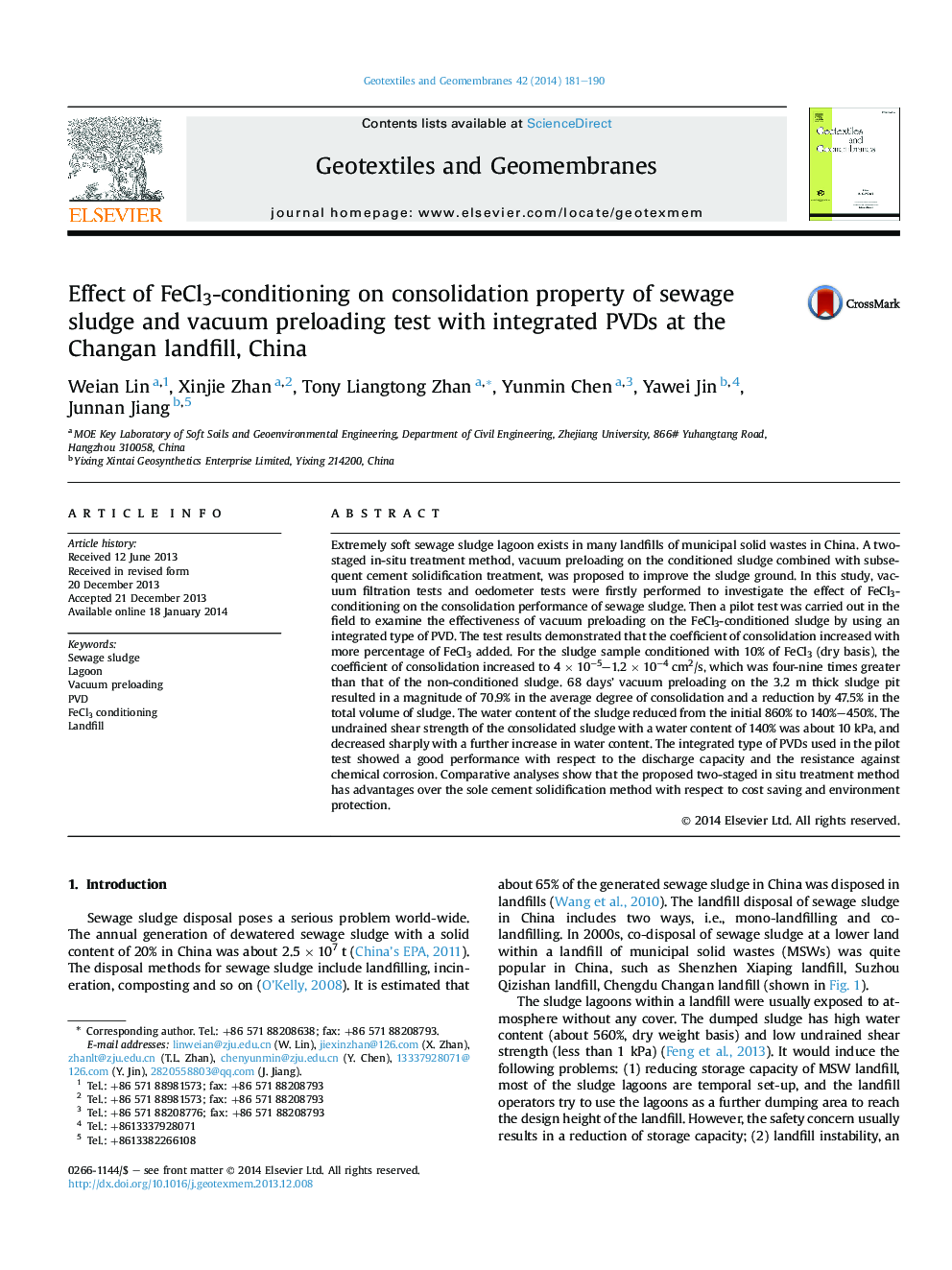 Effect of FeCl3-conditioning on consolidation property of sewage sludge and vacuum preloading test with integrated PVDs at the Changan landfill, China