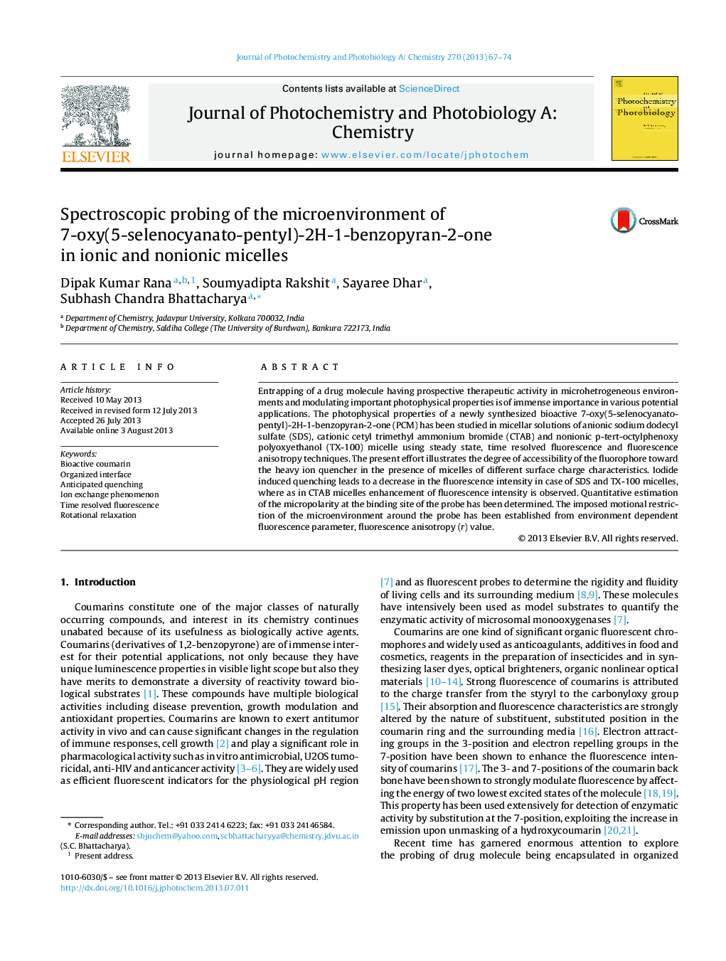 Spectroscopic probing of the microenvironment of 7-oxy(5-selenocyanato-pentyl)-2H-1-benzopyran-2-one in ionic and nonionic micelles