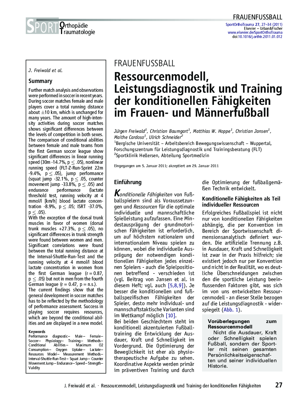 Ressourcenmodell, Leistungsdiagnostik und Training der konditionellen Fähigkeiten im Frauen- und Männerfußball