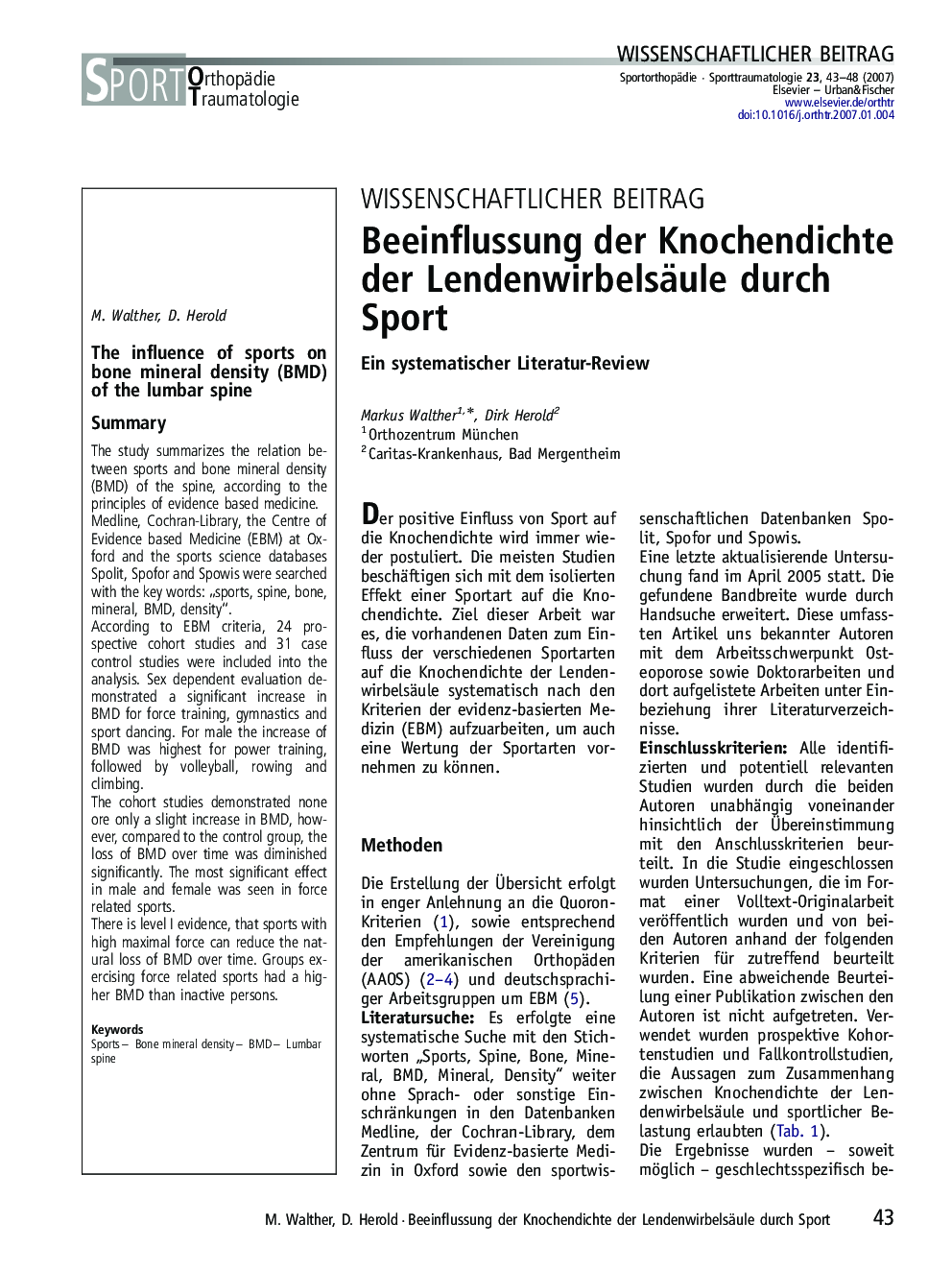 Beeinflussung der Knochendichte der Lendenwirbelsäule durch Sport: Ein systematischer Literatur-Review