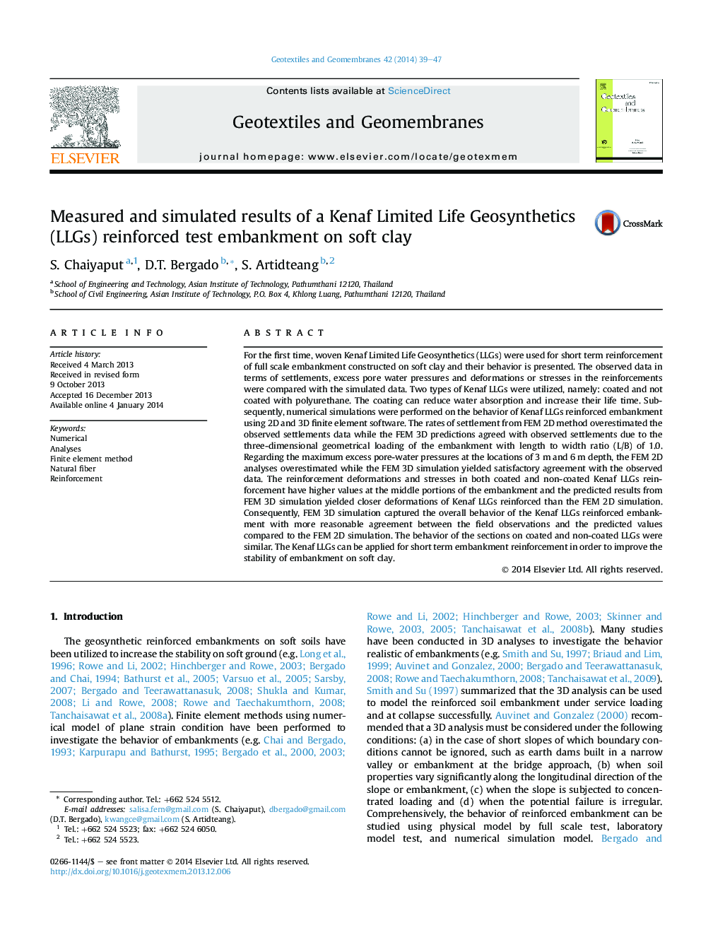 Measured and simulated results of a Kenaf Limited Life Geosynthetics (LLGs) reinforced test embankment on soft clay