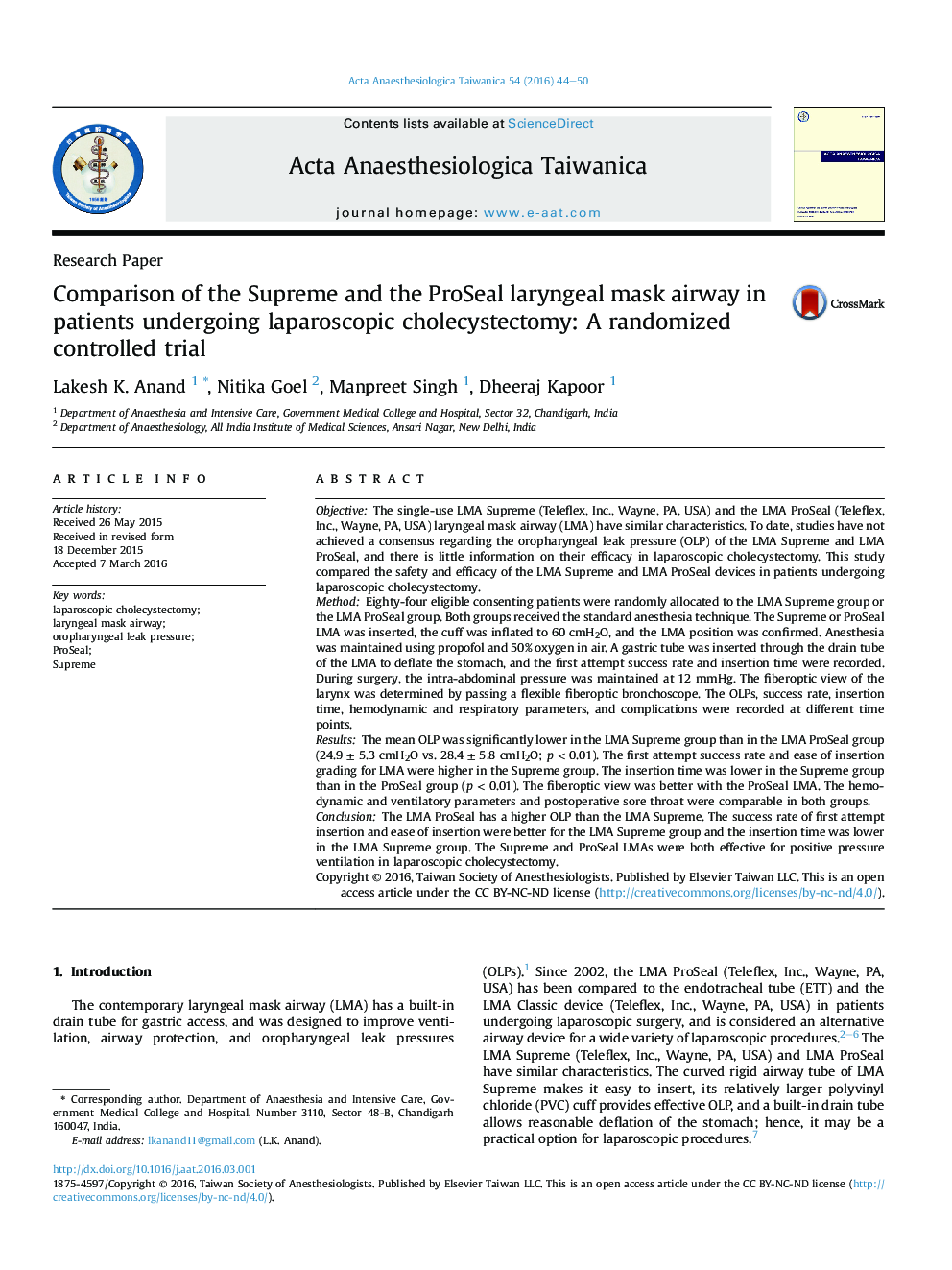 Comparison of the Supreme and the ProSeal laryngeal mask airway in patients undergoing laparoscopic cholecystectomy: A randomized controlled trial