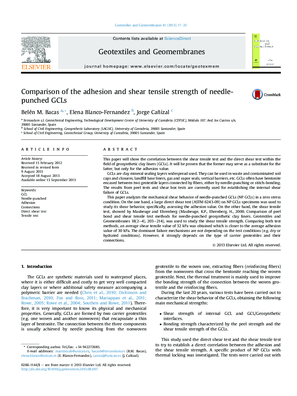 Comparison of the adhesion and shear tensile strength of needle-punched GCLs