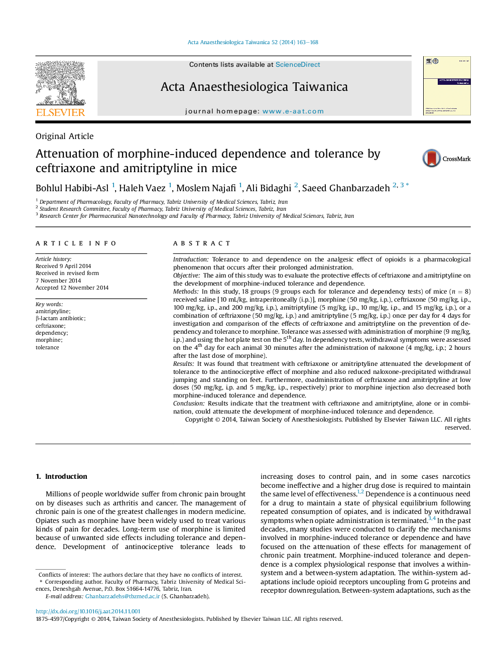 Attenuation of morphine-induced dependence and tolerance by ceftriaxone and amitriptyline in mice 