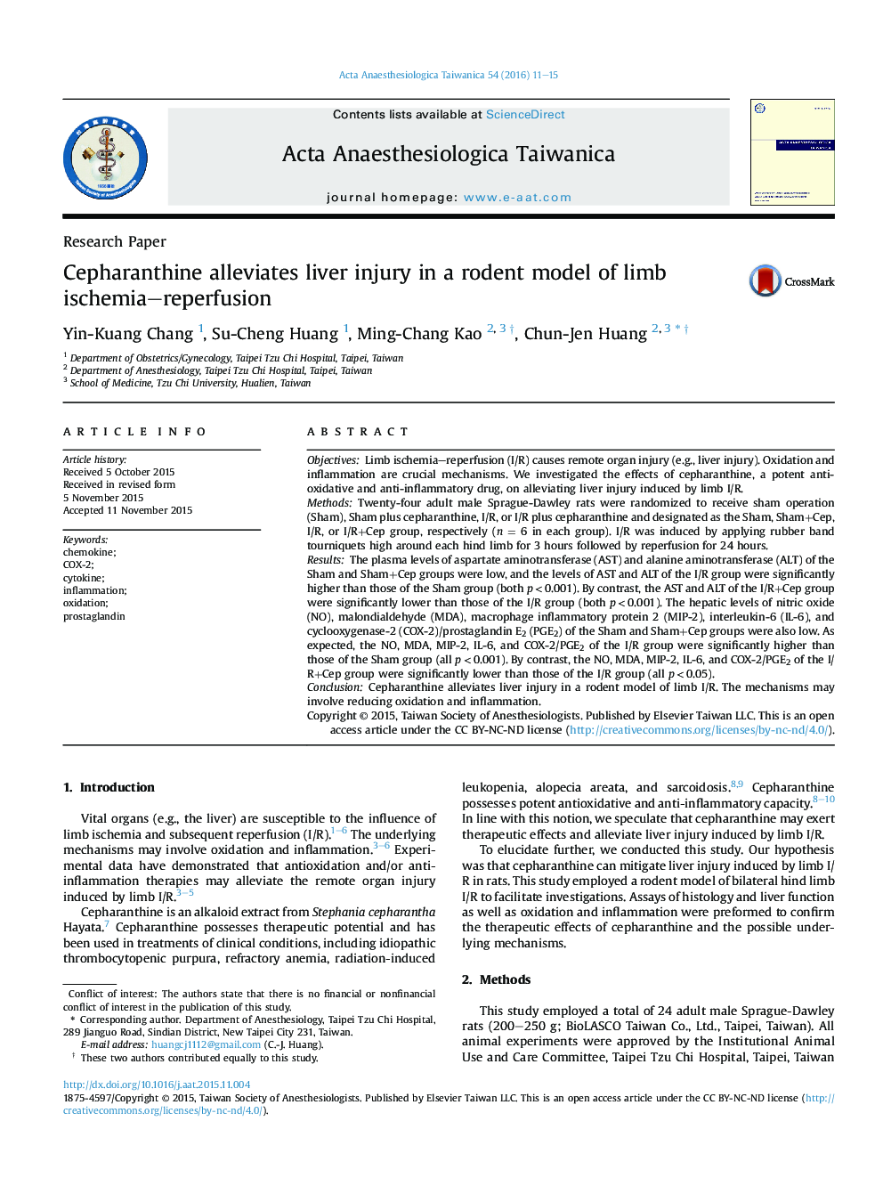 Cepharanthine alleviates liver injury in a rodent model of limb ischemia–reperfusion 