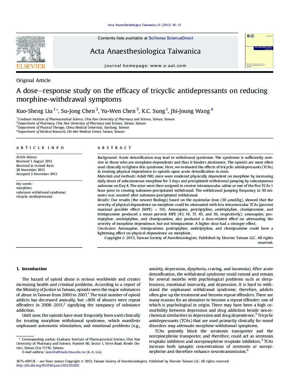 A dose–response study on the efficacy of tricyclic antidepressants on reducing morphine-withdrawal symptoms