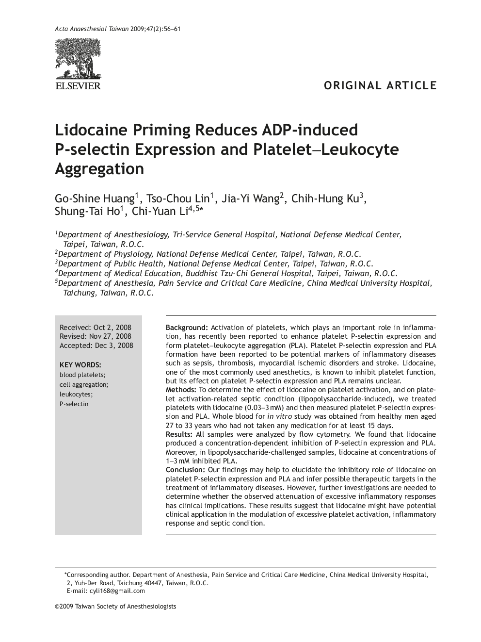 Lidocaine Priming Reduces ADP-induced P-selectin Expression and Platelet–Leukocyte Aggregation