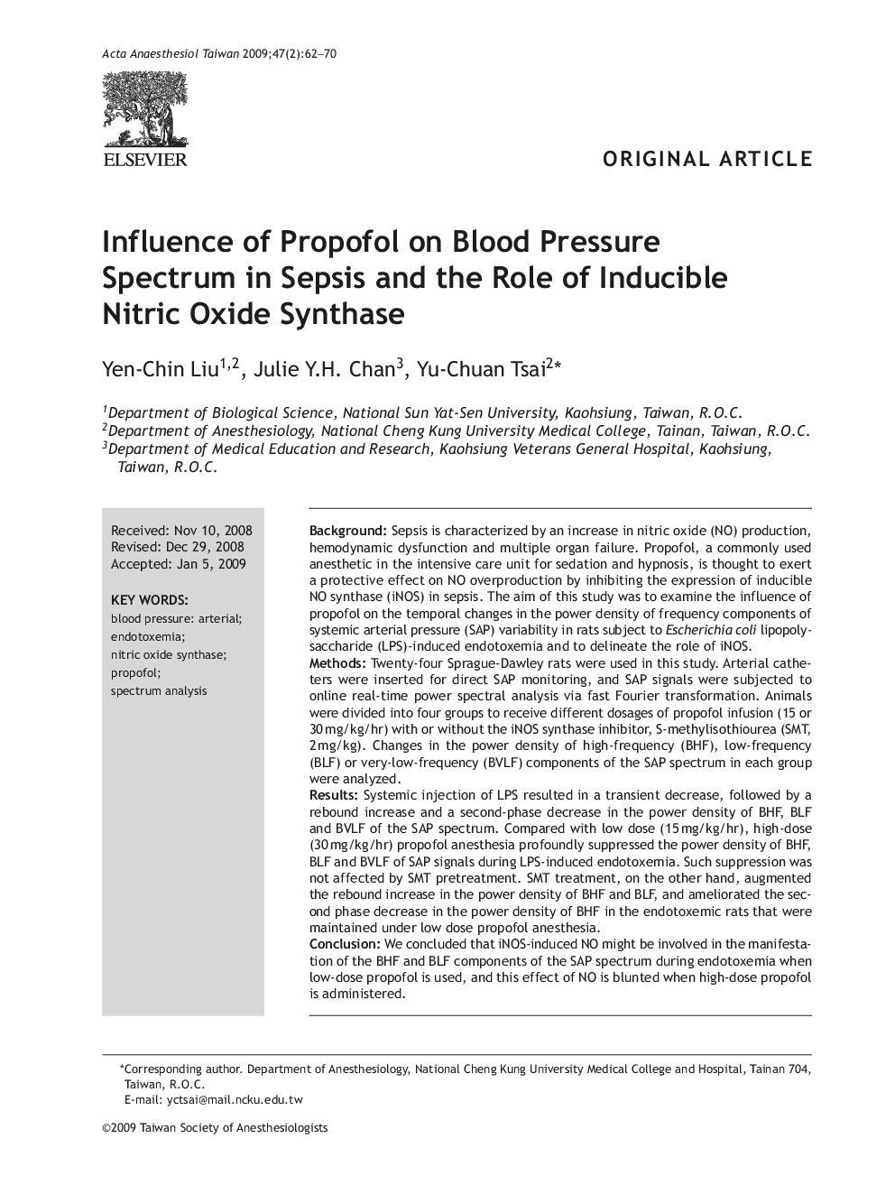 Influence of Propofol on Blood Pressure Spectrum in Sepsis and the Role of Inducible Nitric Oxide Synthase