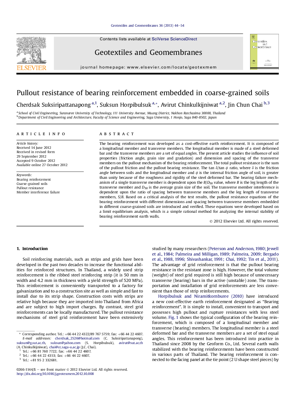 Pullout resistance of bearing reinforcement embedded in coarse-grained soils