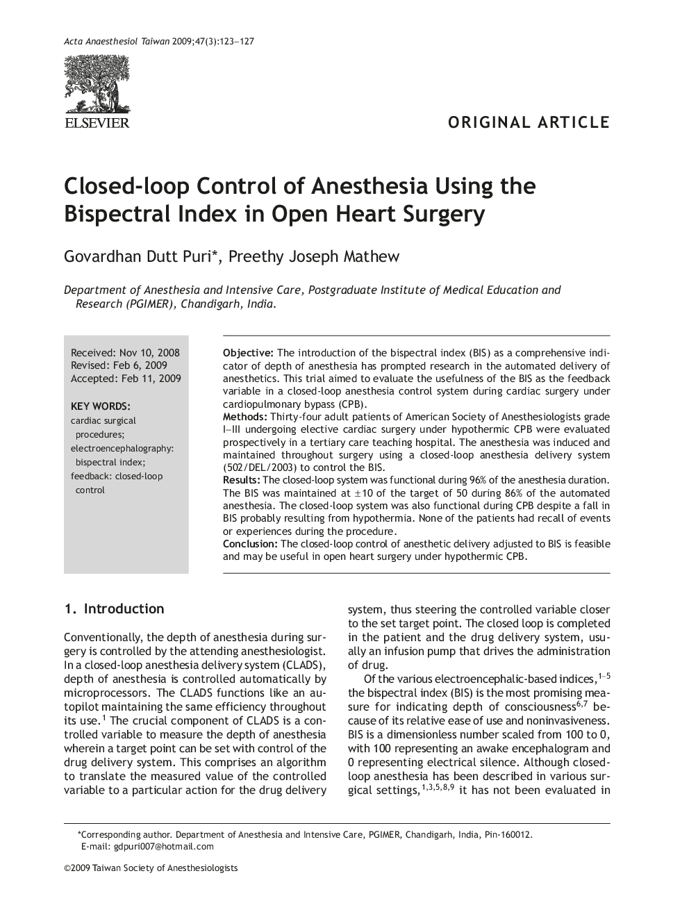 Closed-loop Control of Anesthesia Using the Bispectral Index in Open Heart Surgery