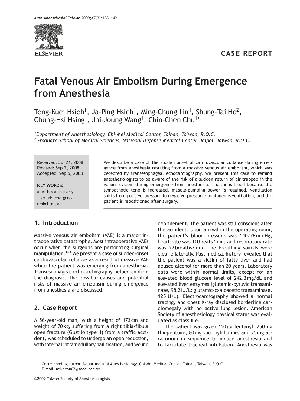 Fatal Venous Air Embolism During Emergence from Anesthesia
