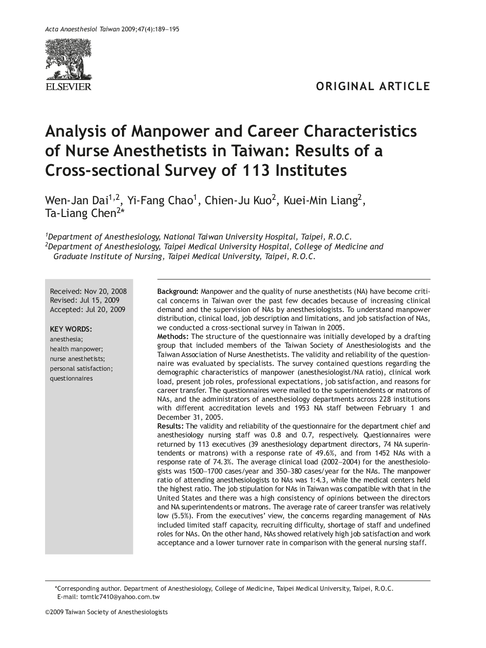 Analysis of Manpower and Career Characteristics of Nurse Anesthetists in Taiwan: Results of a Cross-sectional Survey of 113 Institutes