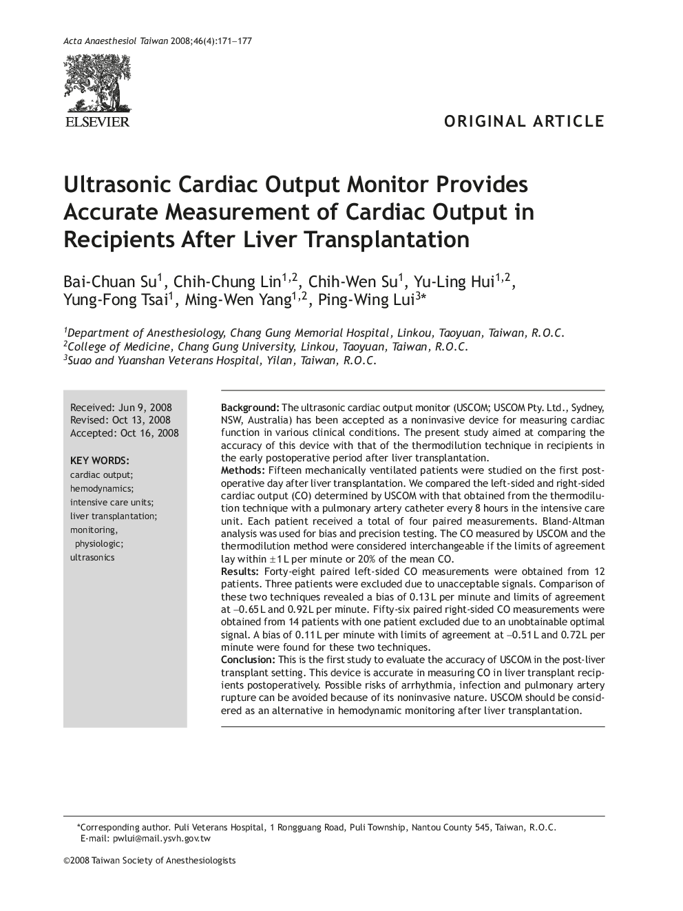 Ultrasonic Cardiac Output Monitor Provides Accurate Measurement of Cardiac Output in Recipients After Liver Transplantation