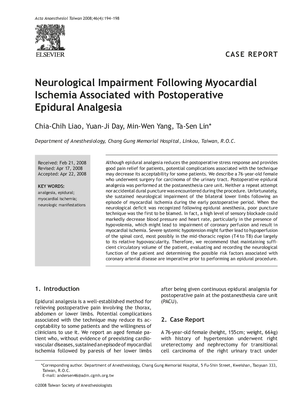 Neurological Impairment Following Myocardial Ischemia Associated with Postoperative Epidural Analgesia
