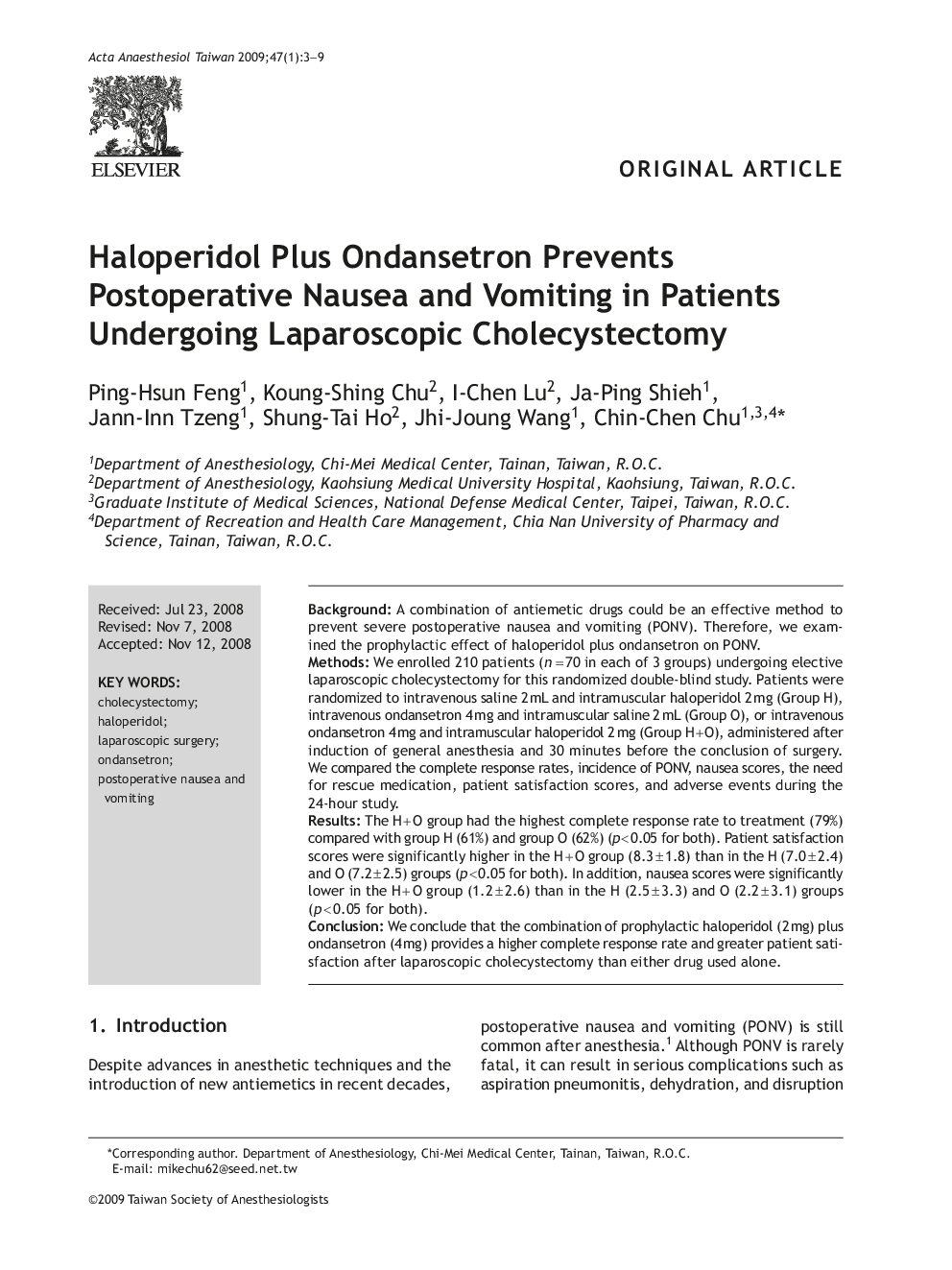 Haloperidol Plus Ondansetron Prevents Postoperative Nausea and Vomiting in Patients Undergoing Laparoscopic Cholecystectomy