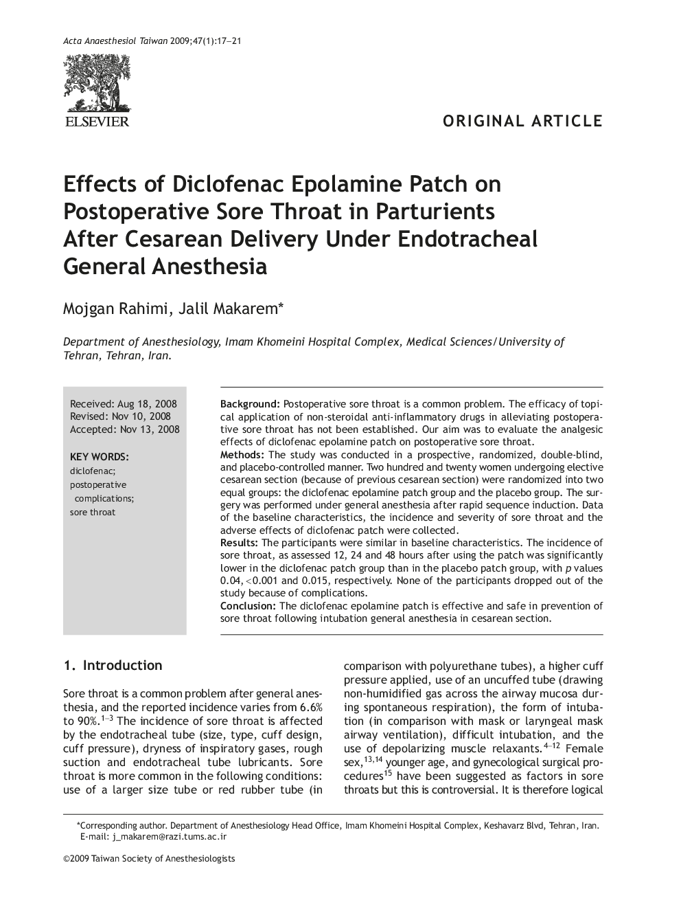 Effects of Diclofenac Epolamine Patch on Postoperative Sore Throat in Parturients After Cesarean Delivery Under Endotracheal General Anesthesia