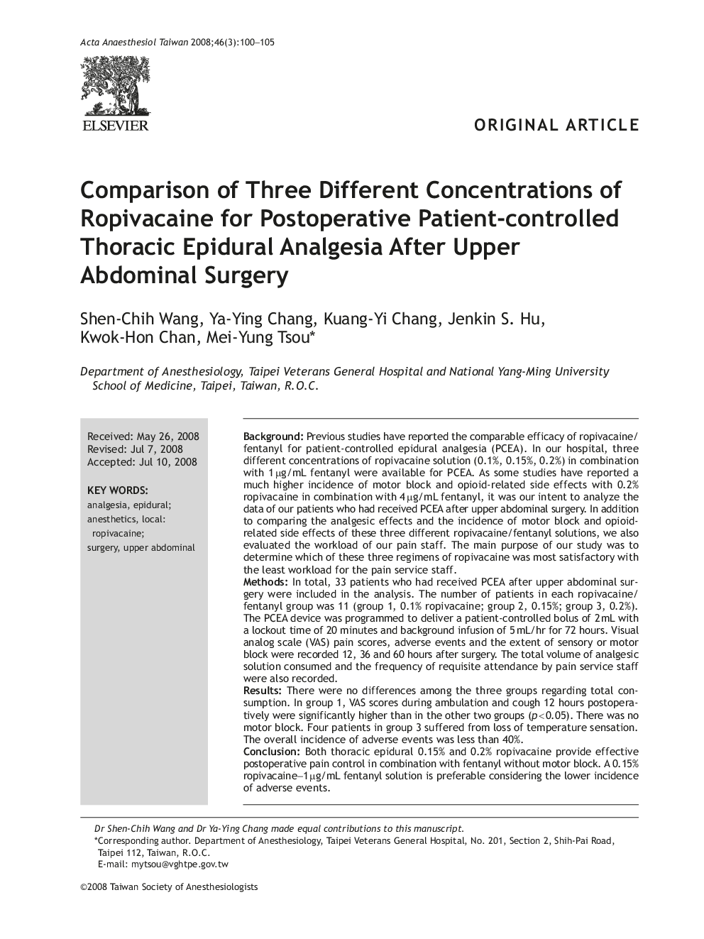 Comparison of Three Different Concentrations of Ropivacaine for Postoperative Patient-controlled Thoracic Epidural Analgesia After Upper Abdominal Surgery