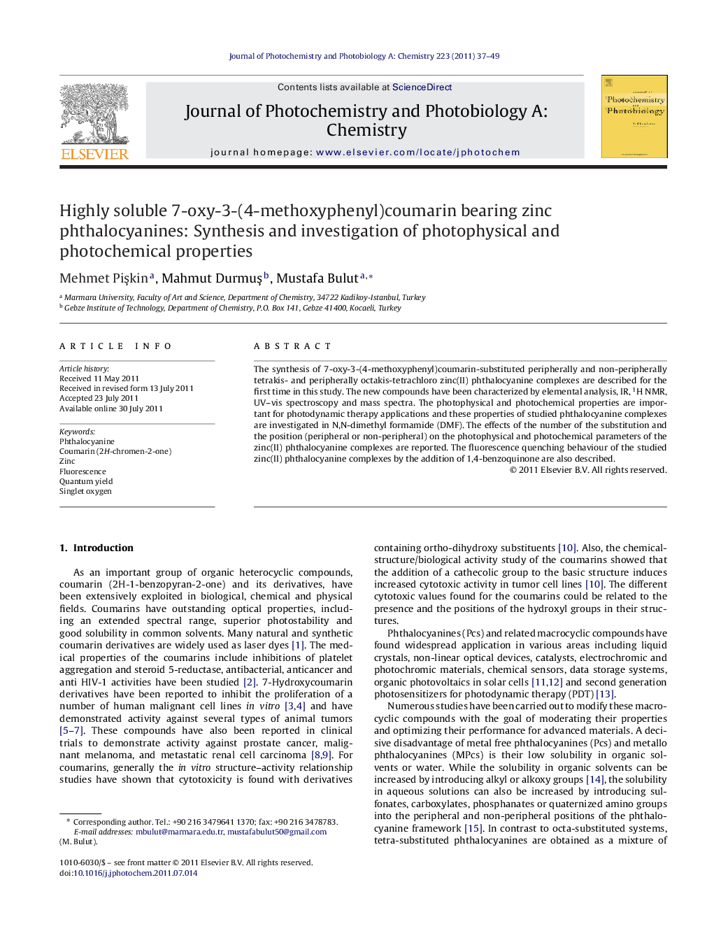 Highly soluble 7-oxy-3-(4-methoxyphenyl)coumarin bearing zinc phthalocyanines: Synthesis and investigation of photophysical and photochemical properties