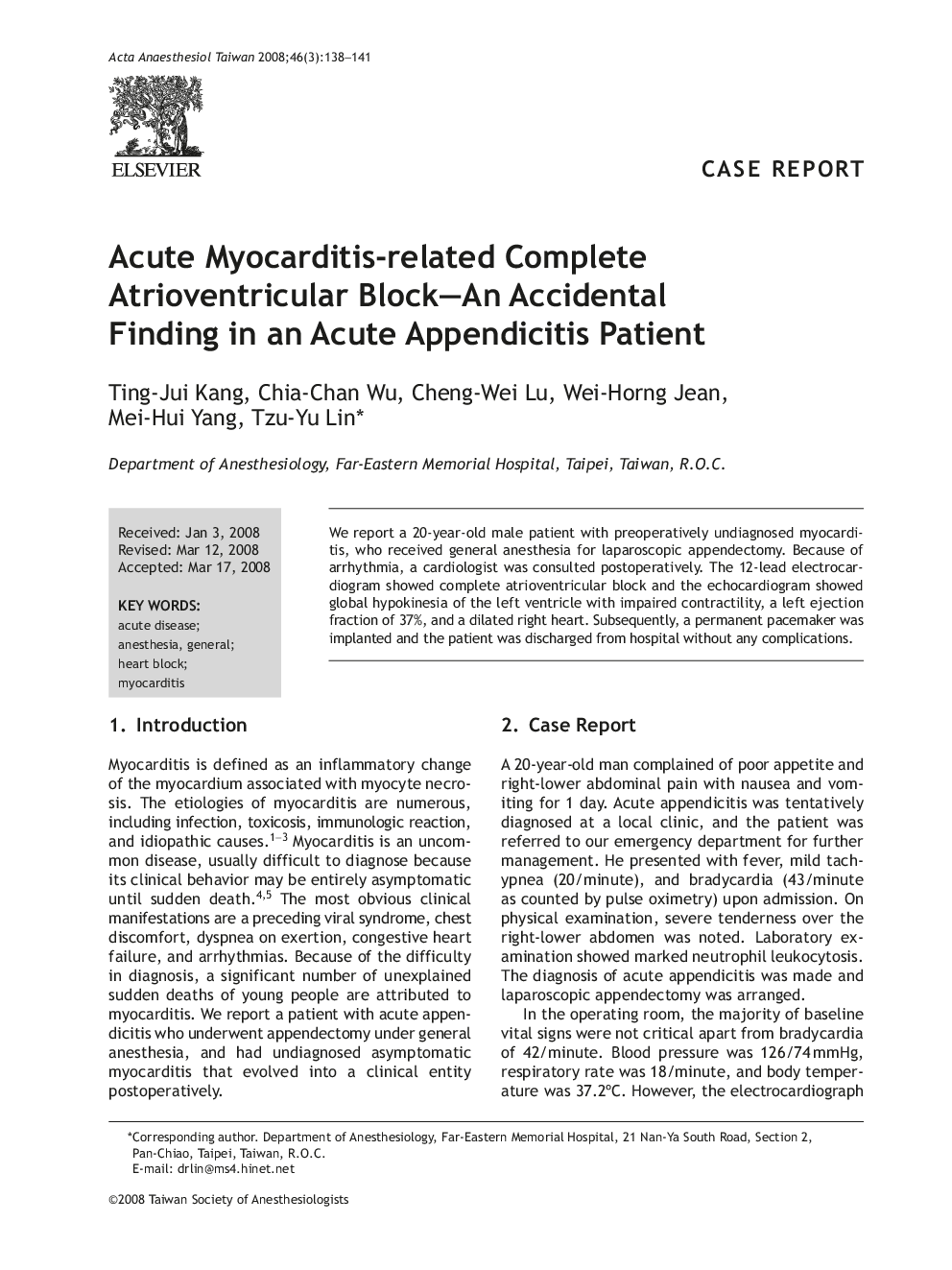 Acute Myocarditis-related Complete Atrioventricular Block—An Accidental Finding in an Acute Appendicitis Patient