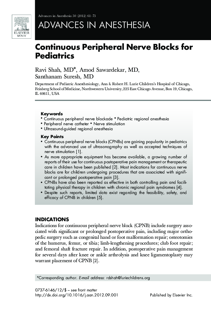 Continuous Peripheral Nerve Blocks for Pediatrics