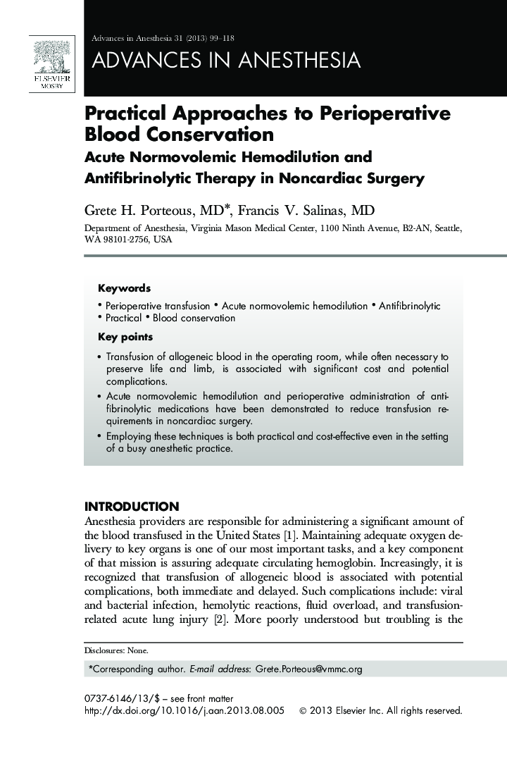 Practical Approaches to Perioperative Blood Conservation