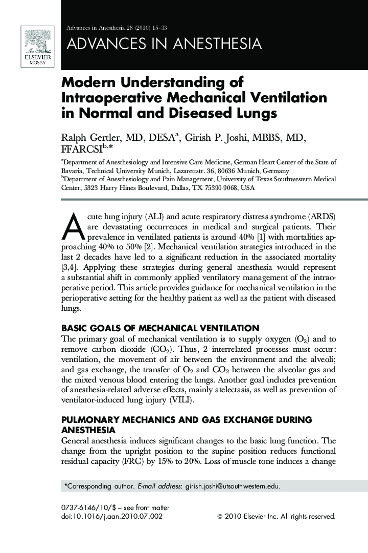 عکس صفحه اول مقاله: Modern Understanding of Intraoperative Mechanical Ventilation in Normal and Diseased Lungs Modern Understanding of Intraoperative Mechanical Ventilation in Normal and Diseased Lungs