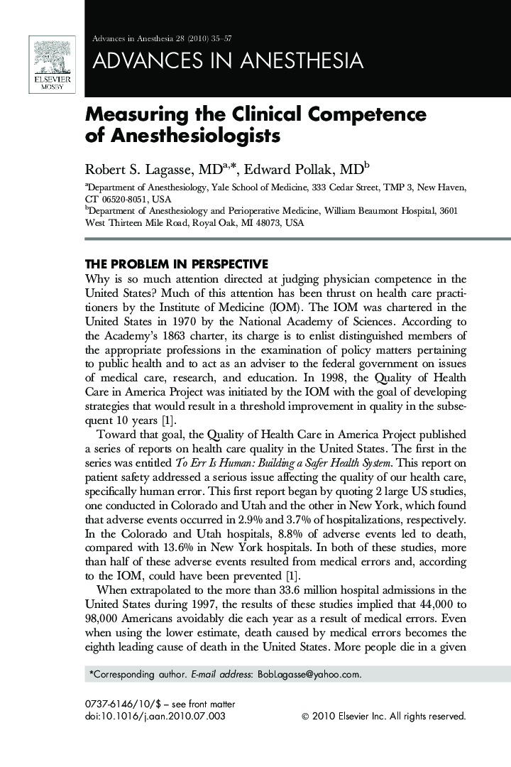 عکس صفحه اول مقاله: Measuring the Clinical Competence of Anesthesiologists Measuring the Clinical Competence of Anesthesiologists