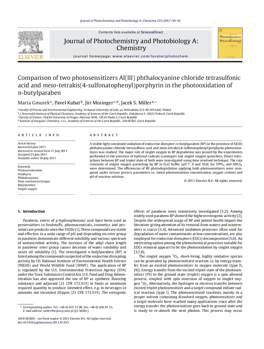 Comparison of two photosensitizers Al(III) phthalocyanine chloride tetrasulfonic acid and meso-tetrakis(4-sulfonatophenyl)porphyrin in the photooxidation of n-butylparaben